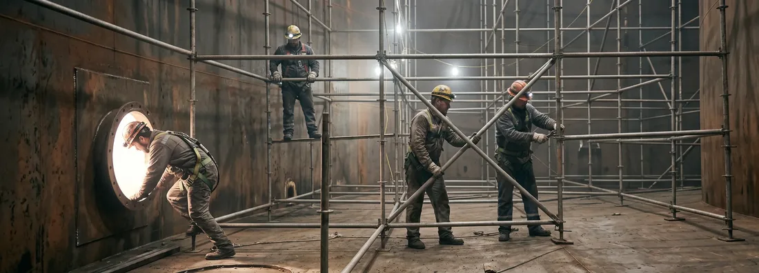 The old way — crews erecting scaffolding inside a storage tank, one worker entering through a manway