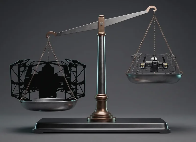 Balance scale — compact X1 versus a larger caged drone